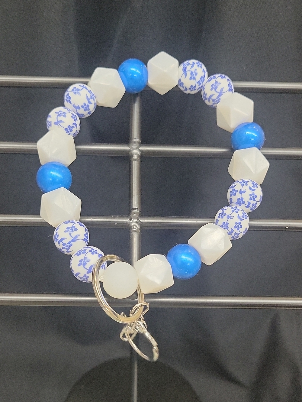 Blue & White Beaded Wristlet Keychain